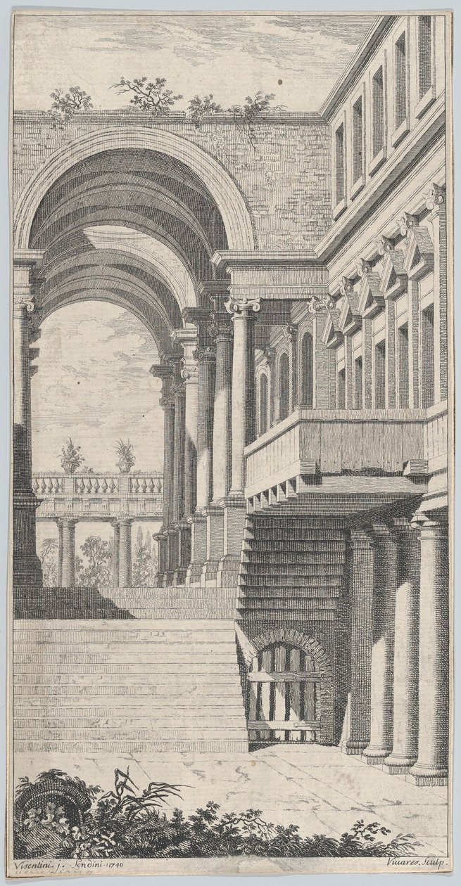 Architektonische Ansicht mit einem Bogen, 1740 von Francois Vivares