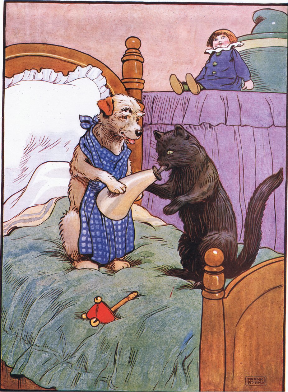 Sie ging zum Hutmacher, um ihm einen Hut zu kaufen, als sie zurückkam, fütterte er die Katze, 1930er Jahre von Frank Adams