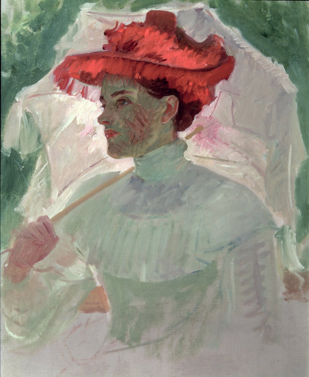 Frau mit rotem Hut und Sonnenschirm von Frank Duveneck