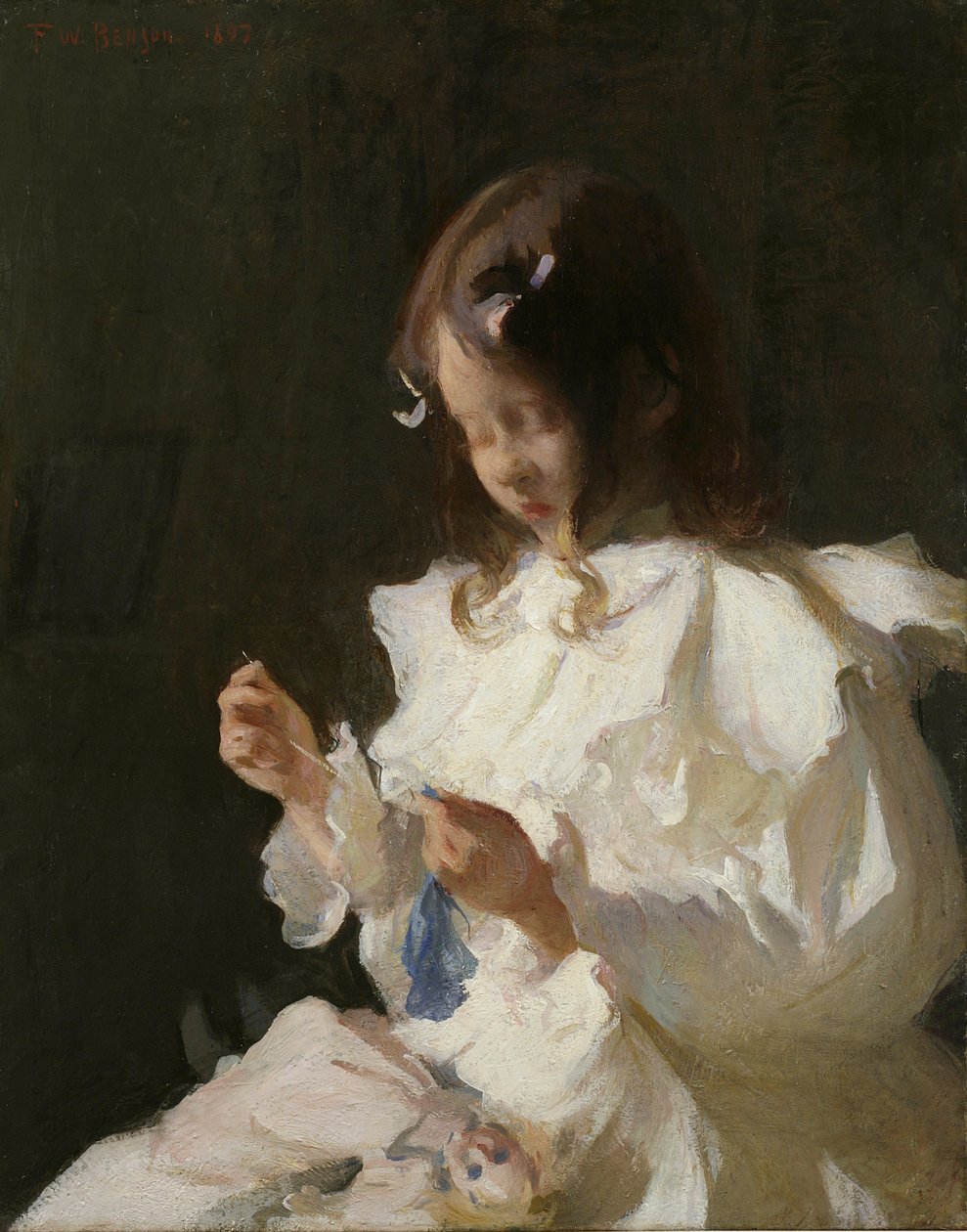 Porträt eines Kindes beim Nähen von Frank Weston Benson