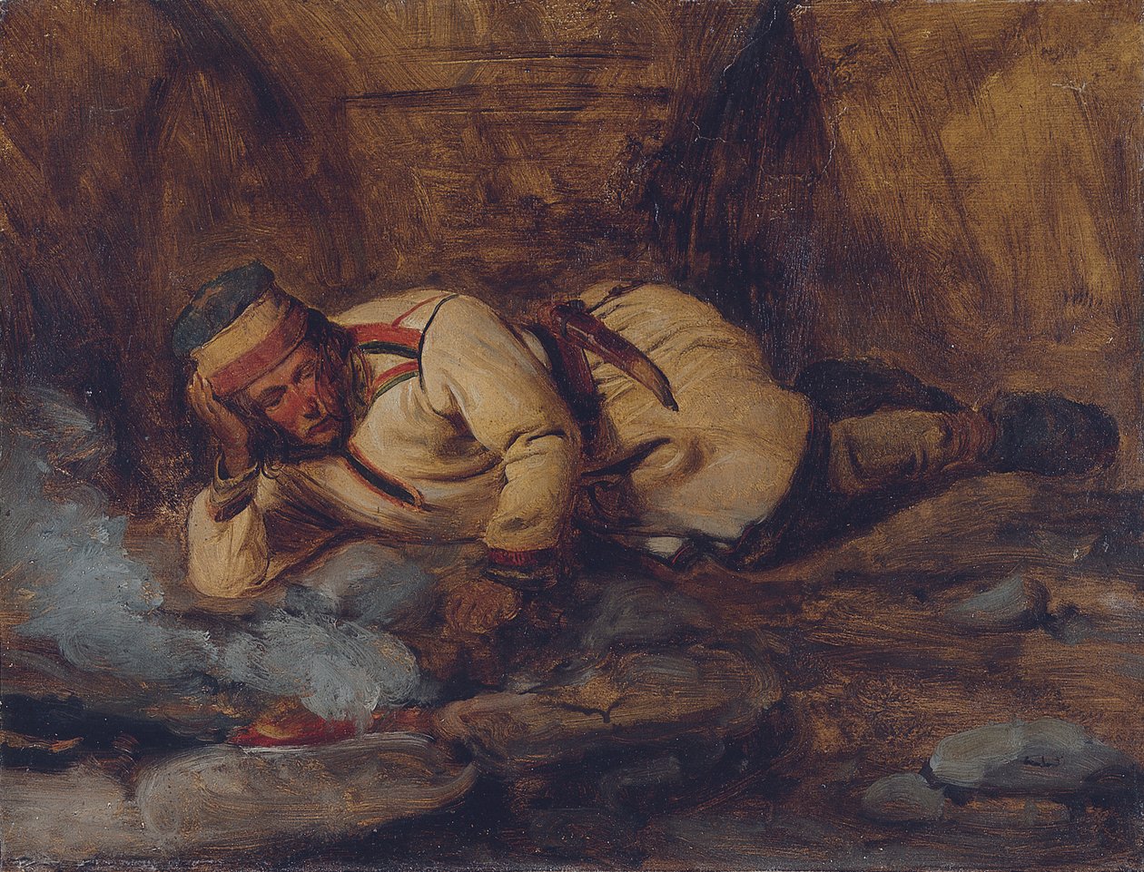 Ein Lappe schläft am Feuer von François Auguste Biard