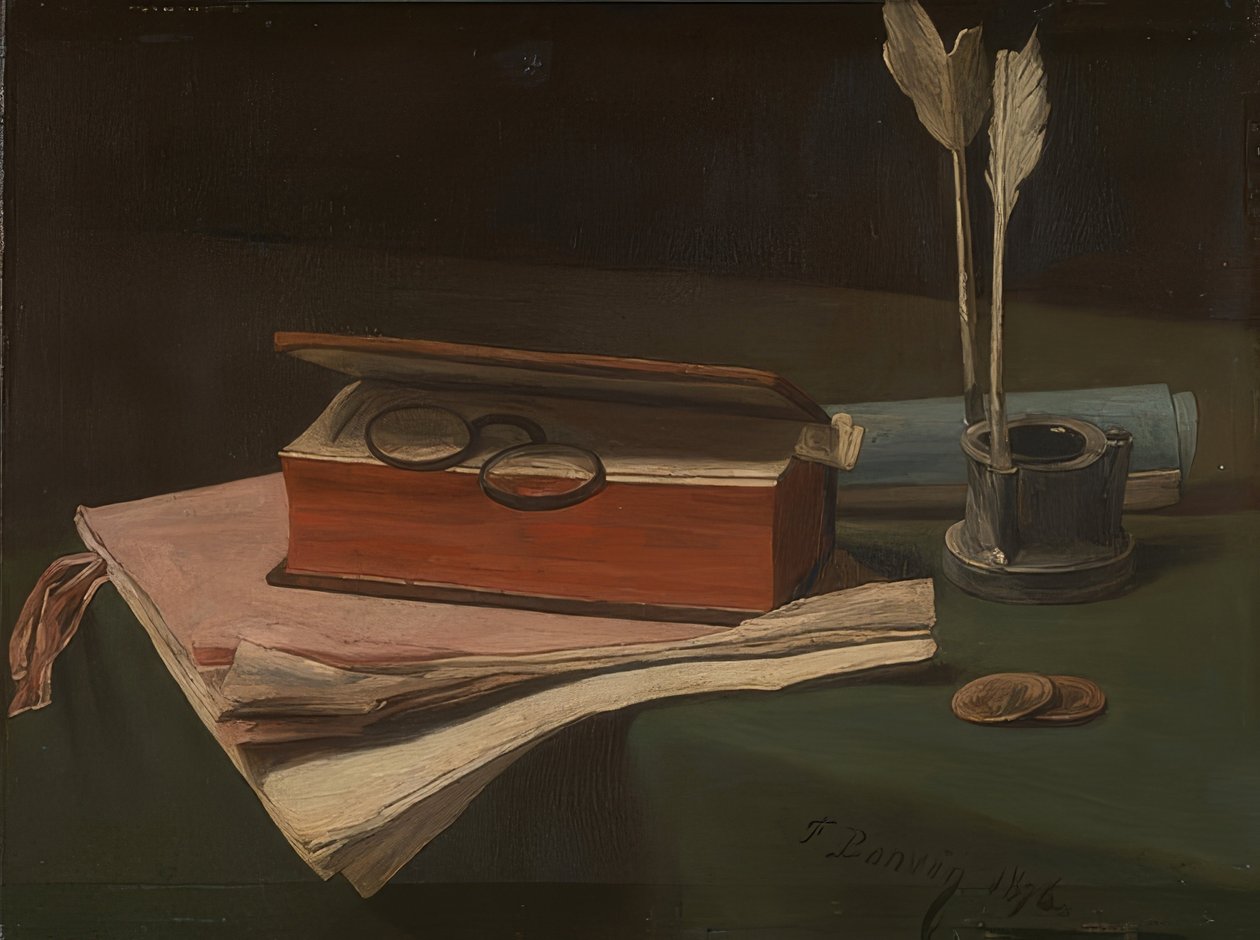 Stilleben mit Buch, Papieren und Tintenfass von François Bonvin