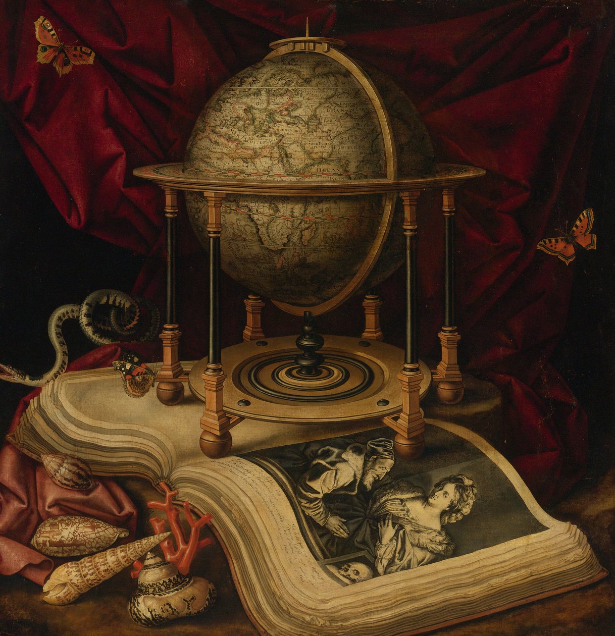 Vanitas-Stillleben mit Himmelsglobus, einem Buch, Muscheln, einer Schlange und Schmetterlingen von Frans Luycx