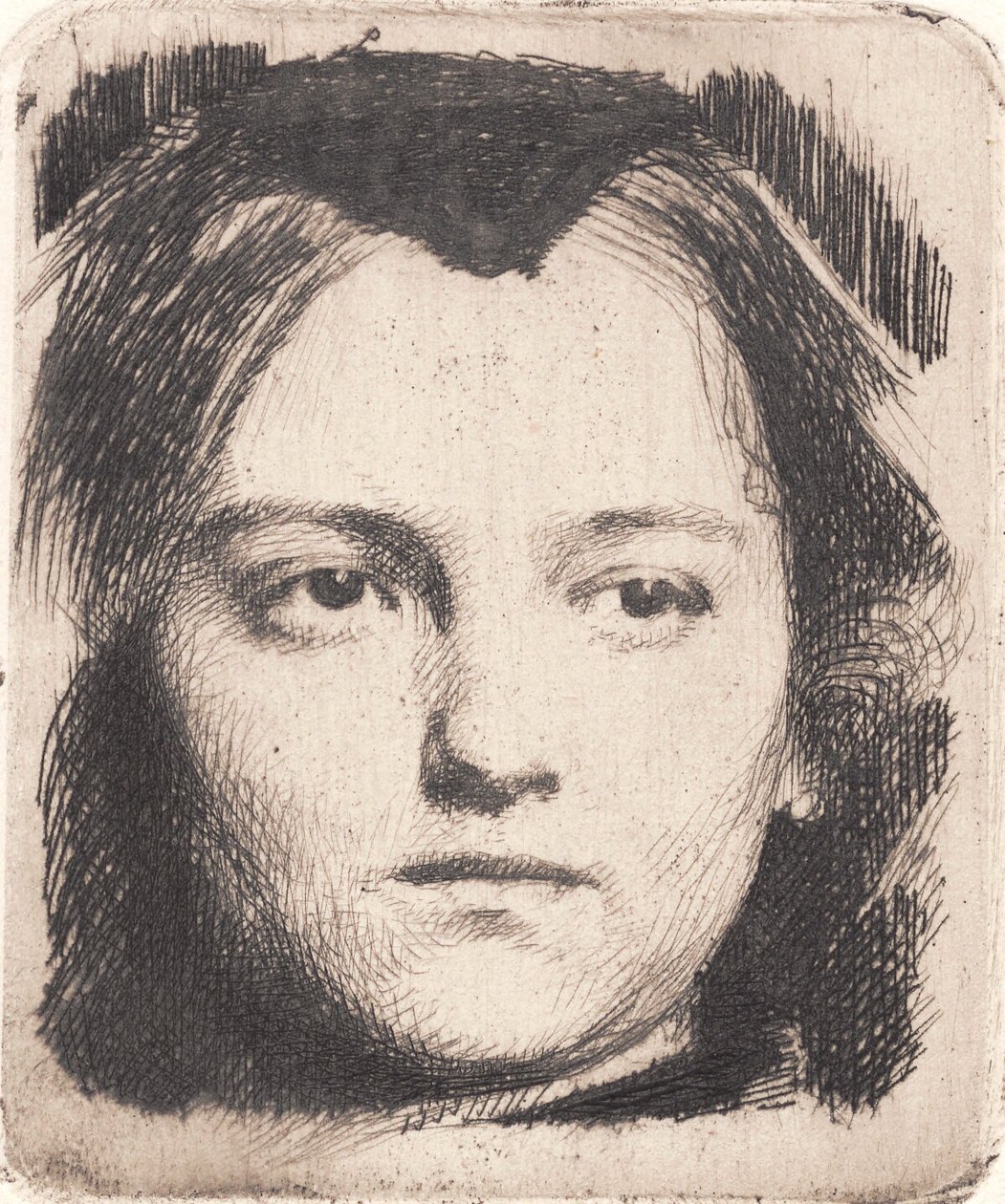 Junges Frauenkopf, en face, mit Spitze. Probeplatte von Frans Schwartz