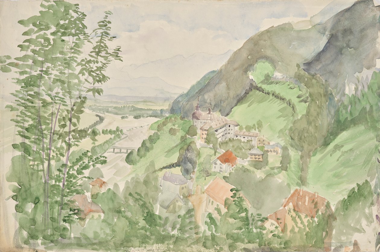 Flusslandschaft im Gebirge mit Burg von Franz Barwig d. Ä.