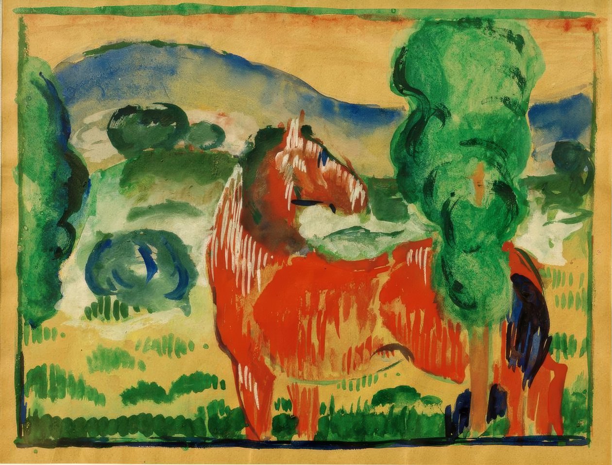 Rotes Pferd in farbiger Landschaft von Franz Marc