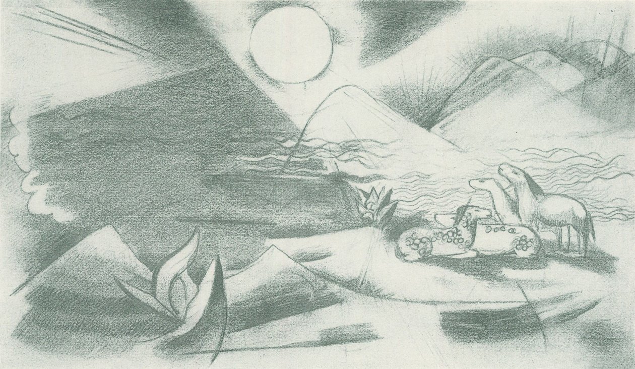 Urlandschaft mit Sonne, Bergen, einer Pferdegruppe von Franz Marc