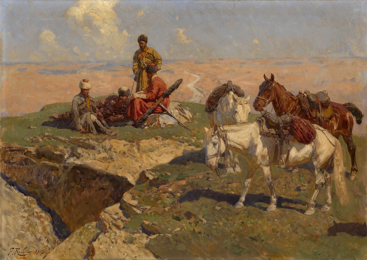 Kaukasische Reiter bei der Rast, 1917 von Franz Roubaud