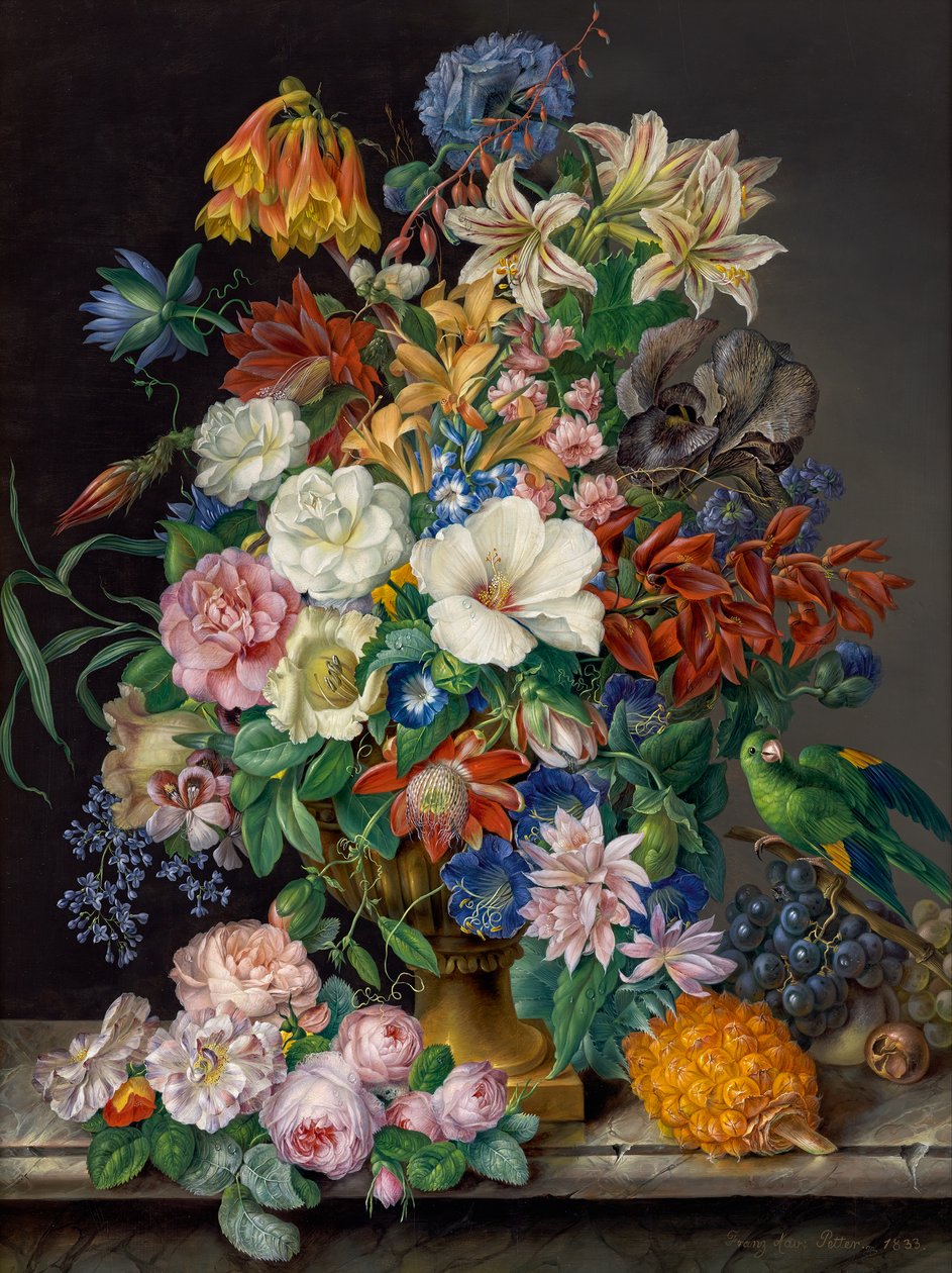 Blumenstück mit Ananas, Weintrauben und Papagei von Franz Xaver Petter