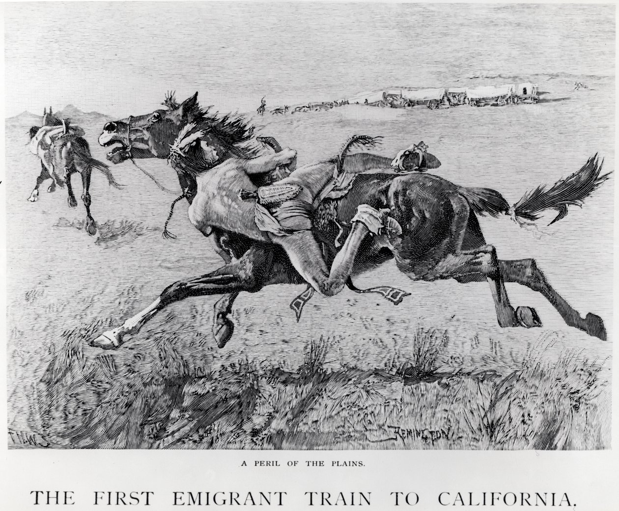 Eine Gefahr der Ebenen, der erste Auswandererzug nach Kalifornien, graviert von F.H.W. von Frederic Remington