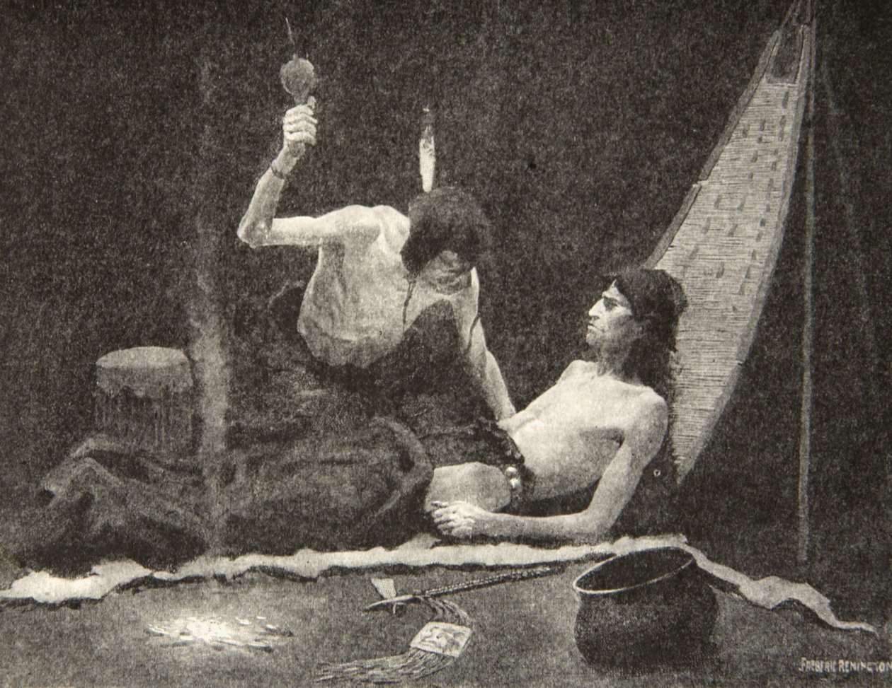 Ich kann dich stark machen, mein Bruder, ich kann dich heilen, Hiawatha!, aus Das Lied von Hiawatha von Henry Wadsworth Longfellow, veröffentlicht von George G. Harrap und Company Ltd., 1911 von Frederic Remington