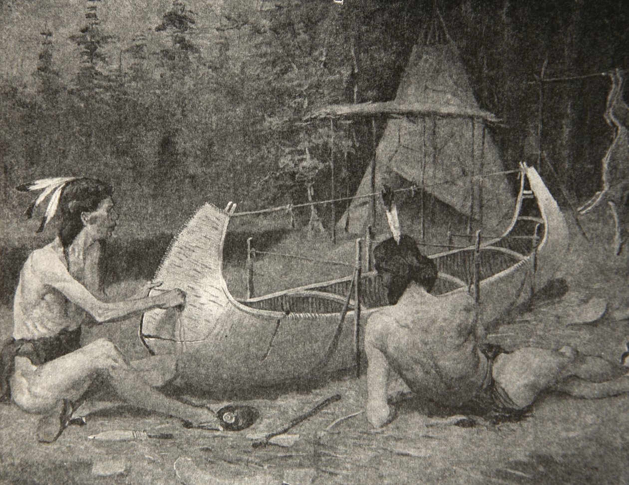 So wurde das Birkenkanu gebaut... Im Schoß des Waldes, aus Das Lied von Hiawatha von Henry Wadsworth Longfellow, veröffentlicht von George G. Harrap und Company Ltd., 1911 von Frederic Remington