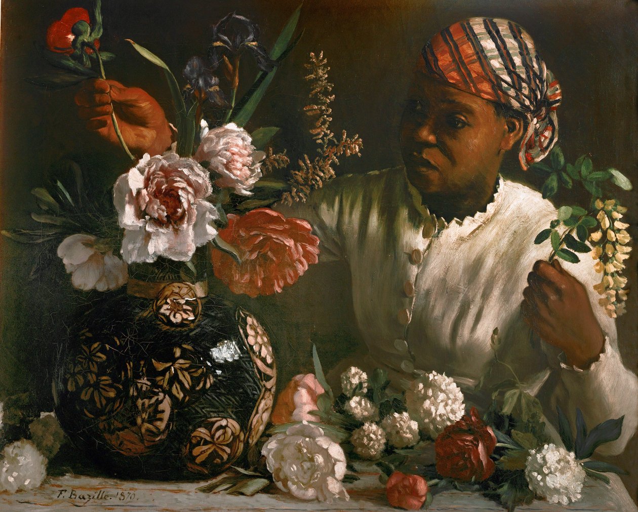 Schwarze Frau mit Pfingstrosen von Frédéric Bazille