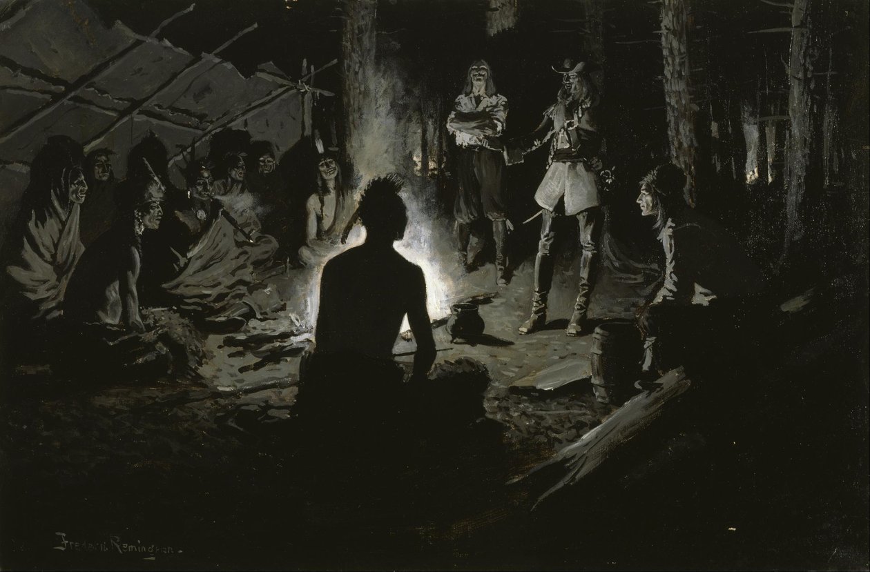 Rat des französischen Entdeckers mit den Indianern von Frederic Remington