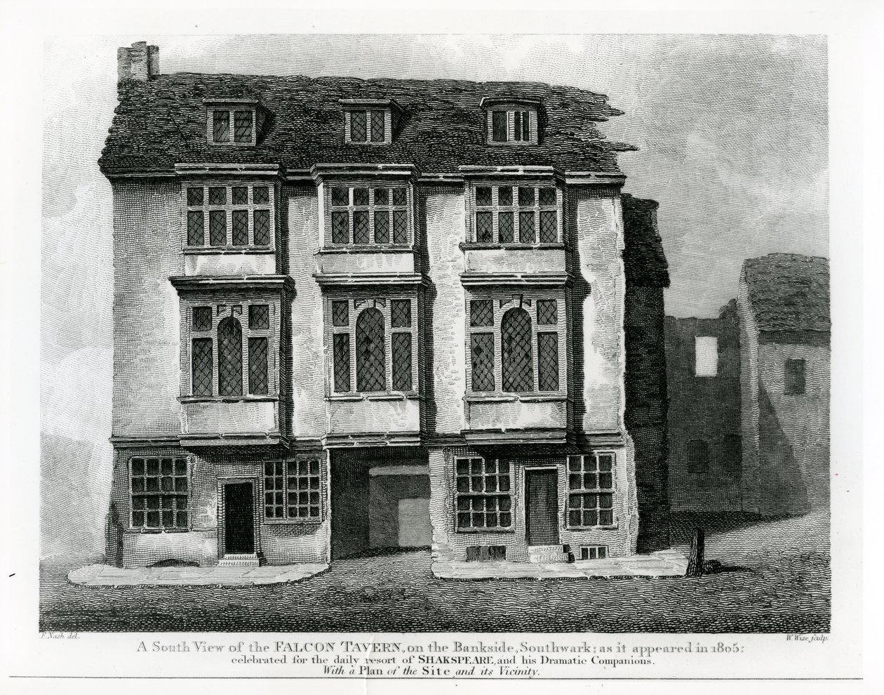 Südansicht der Falcon Tavern, am Bankside, Southwark, graviert von William Wise, 1811 von Frederick Nash