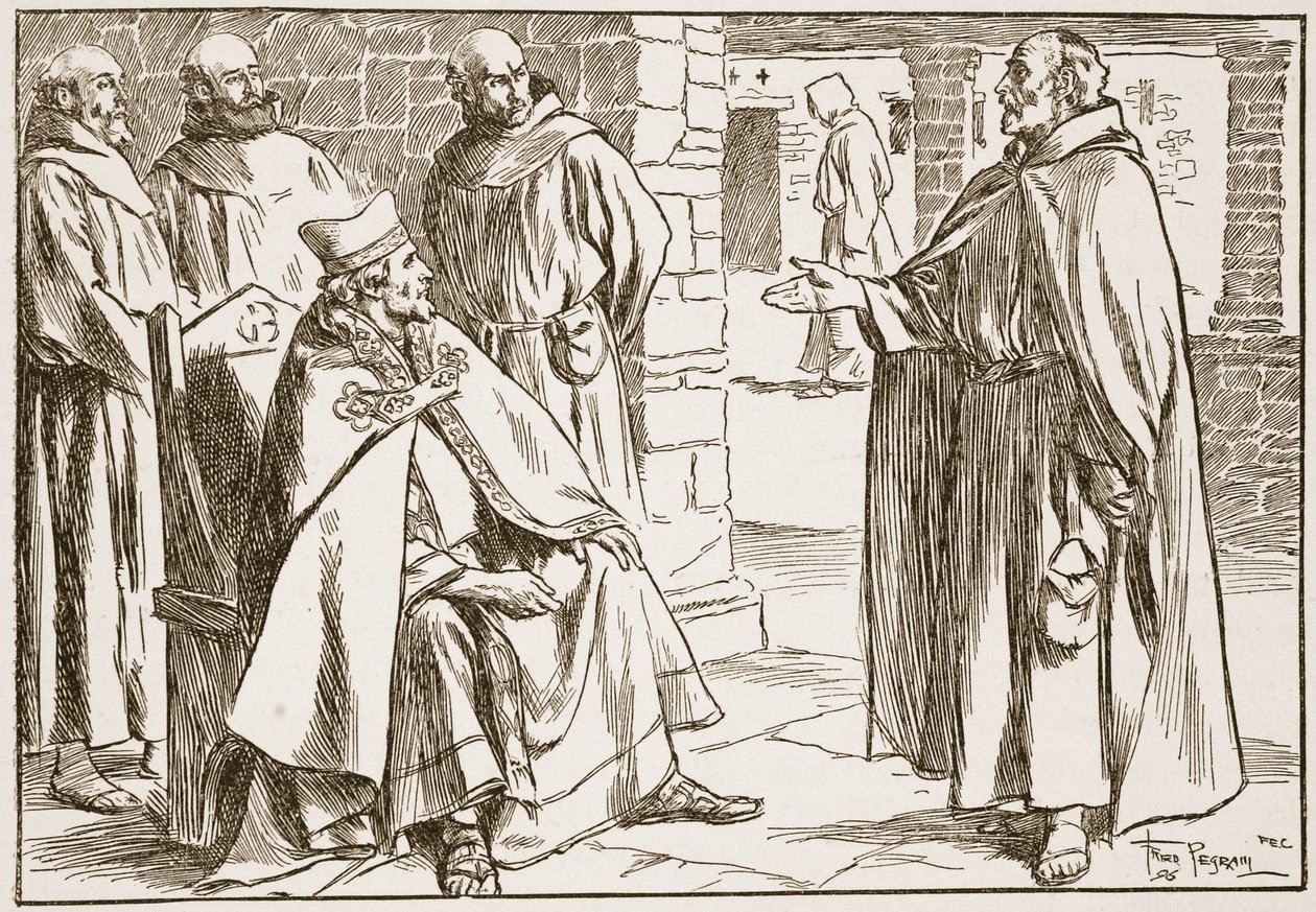 Bischof Dagan diskutierte mit Laurence die Unterschiede zwischen römischen und keltischen Kommunionen, Illustration aus 