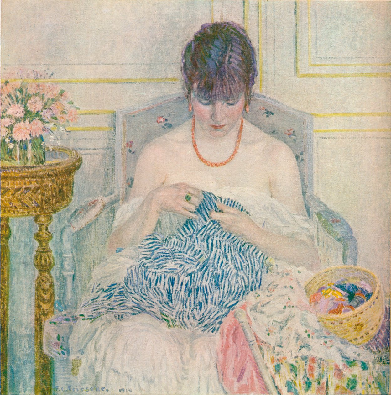 Ein Mädchen beim Nähen, um 1894-1914 von Frederick Carl Frieseke