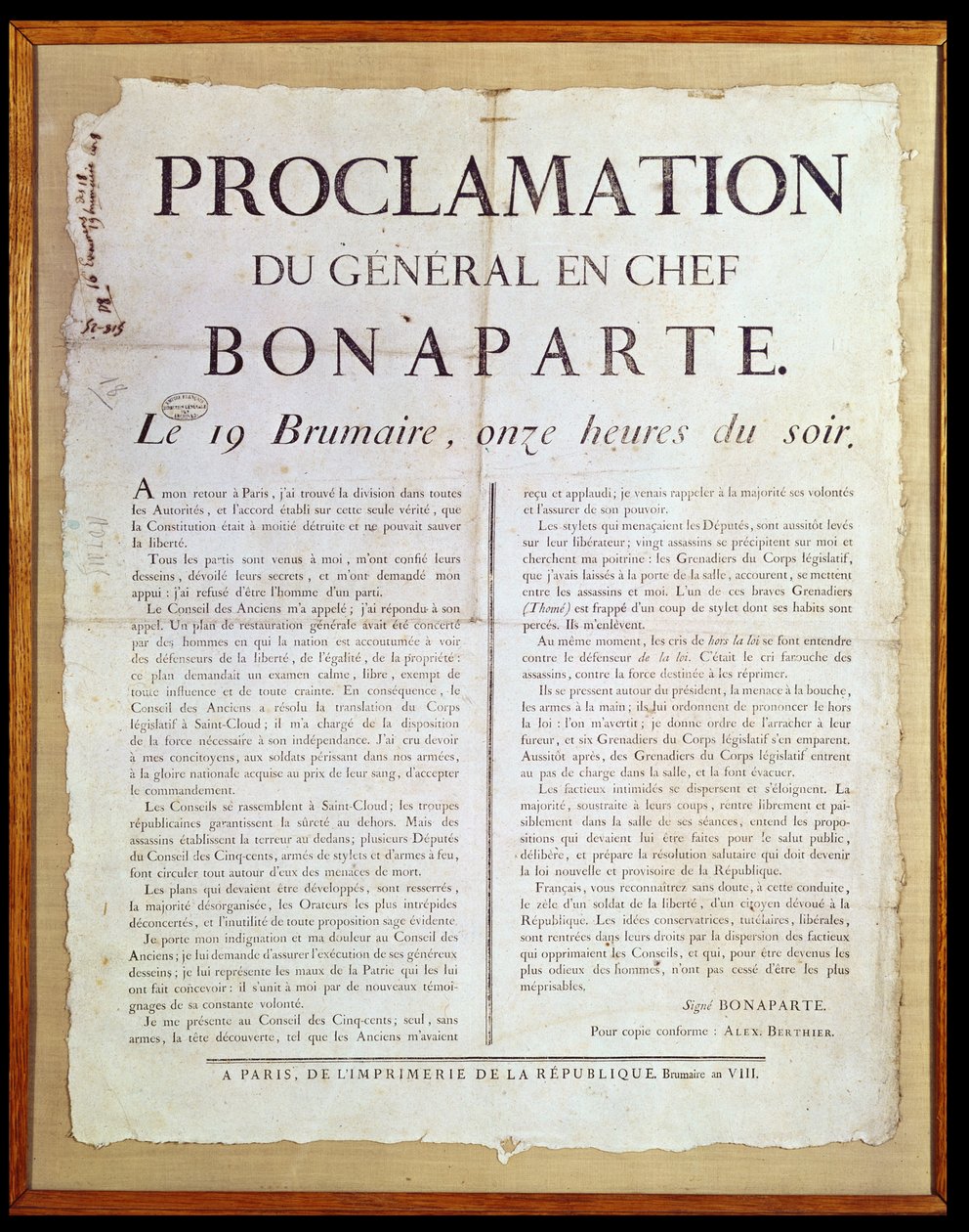Proklamation von Napoleon I. (1769-1821) 19 Brumaire An 8 (10. November 1799) von French School