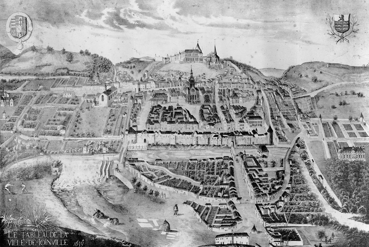 Ansicht des Schlosses und der Stadt Joinville, aus einem Gemälde von 1639 von French School