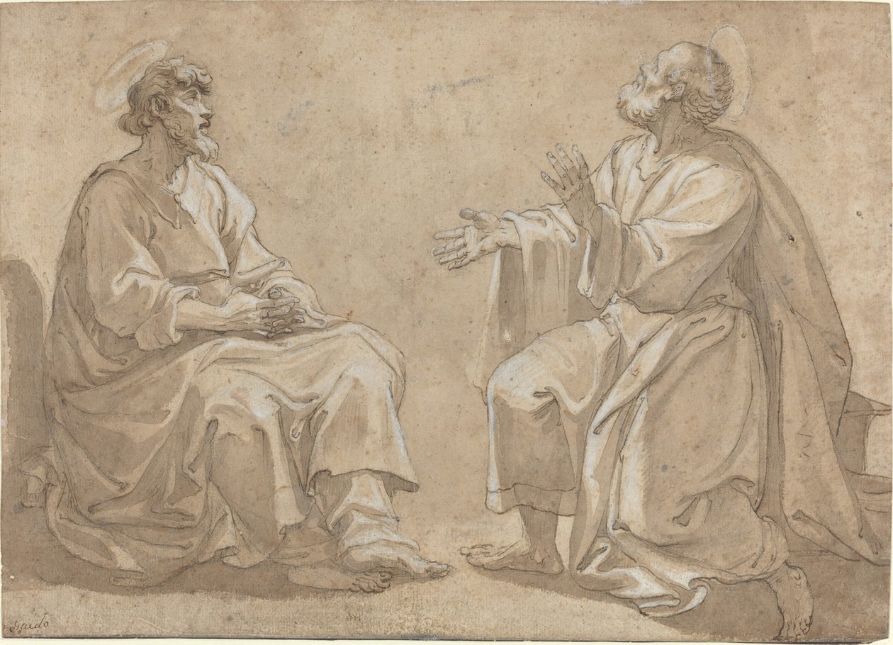 Zwei sitzende Heilige von French 17th Century