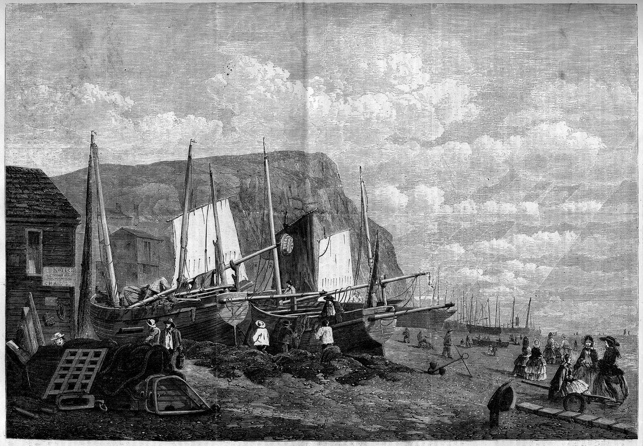 Fischerboote am Hastings Beach, England von French School