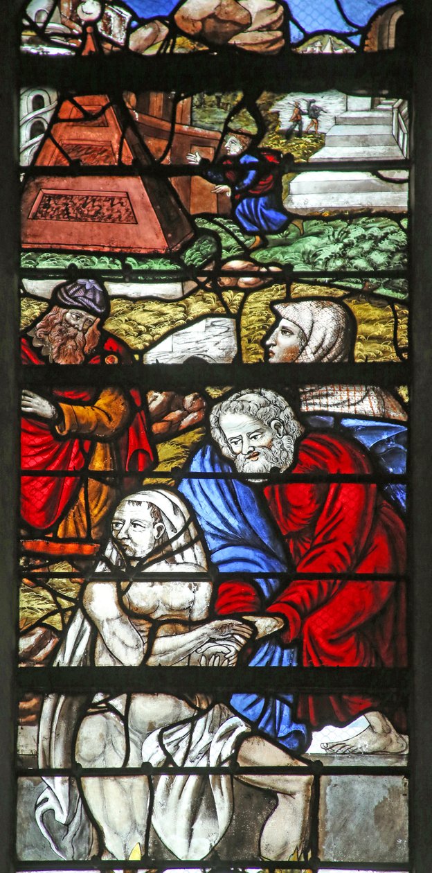 Fenster w10 mit Darstellung der Auferweckung des Lazarus von French School