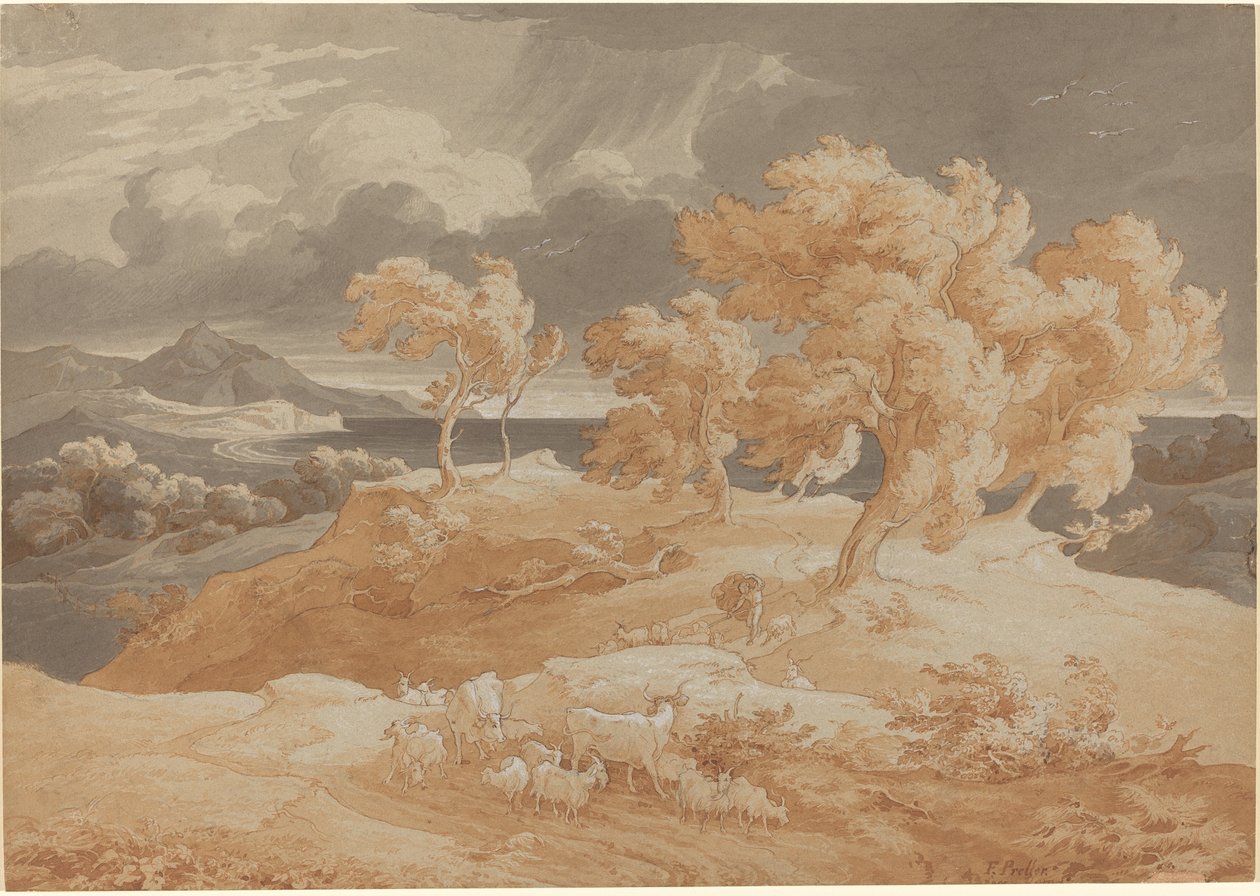 Italienische Küstenlandschaft mit Gewitter von Friedrich Preller the Elder