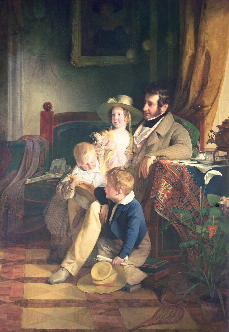 Rudolf von Arthaber (1795-1867) mit seinen Kindern Rudolf, Emilie und Gustav, die das Porträt ihrer verstorbenen Mutter betrachten, 1837 von Friedrich von Amerling