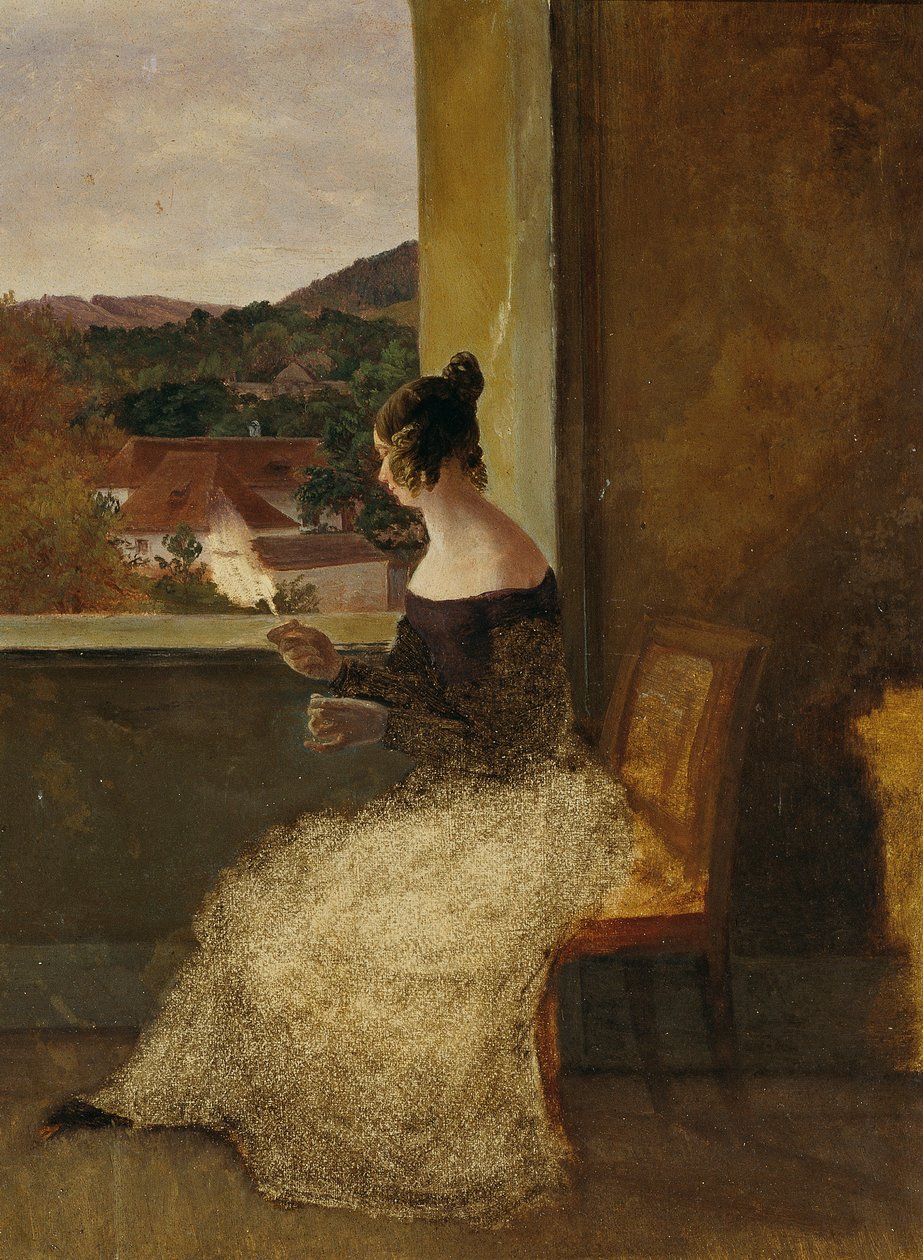 Dame am Fenster mit Spinnrocken von Friedrich Loos