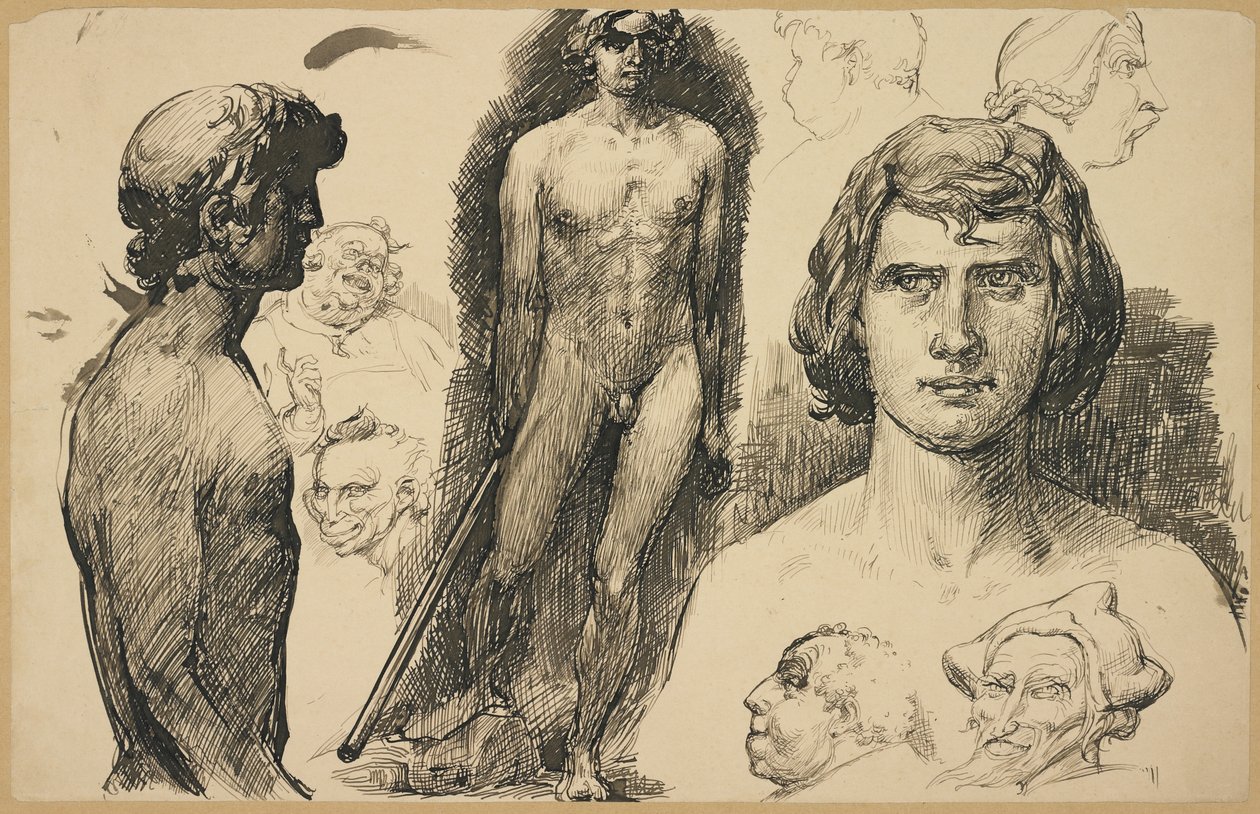 Blatt mit Lebensstudien und Karikaturen, 1892 von Fritz Erler