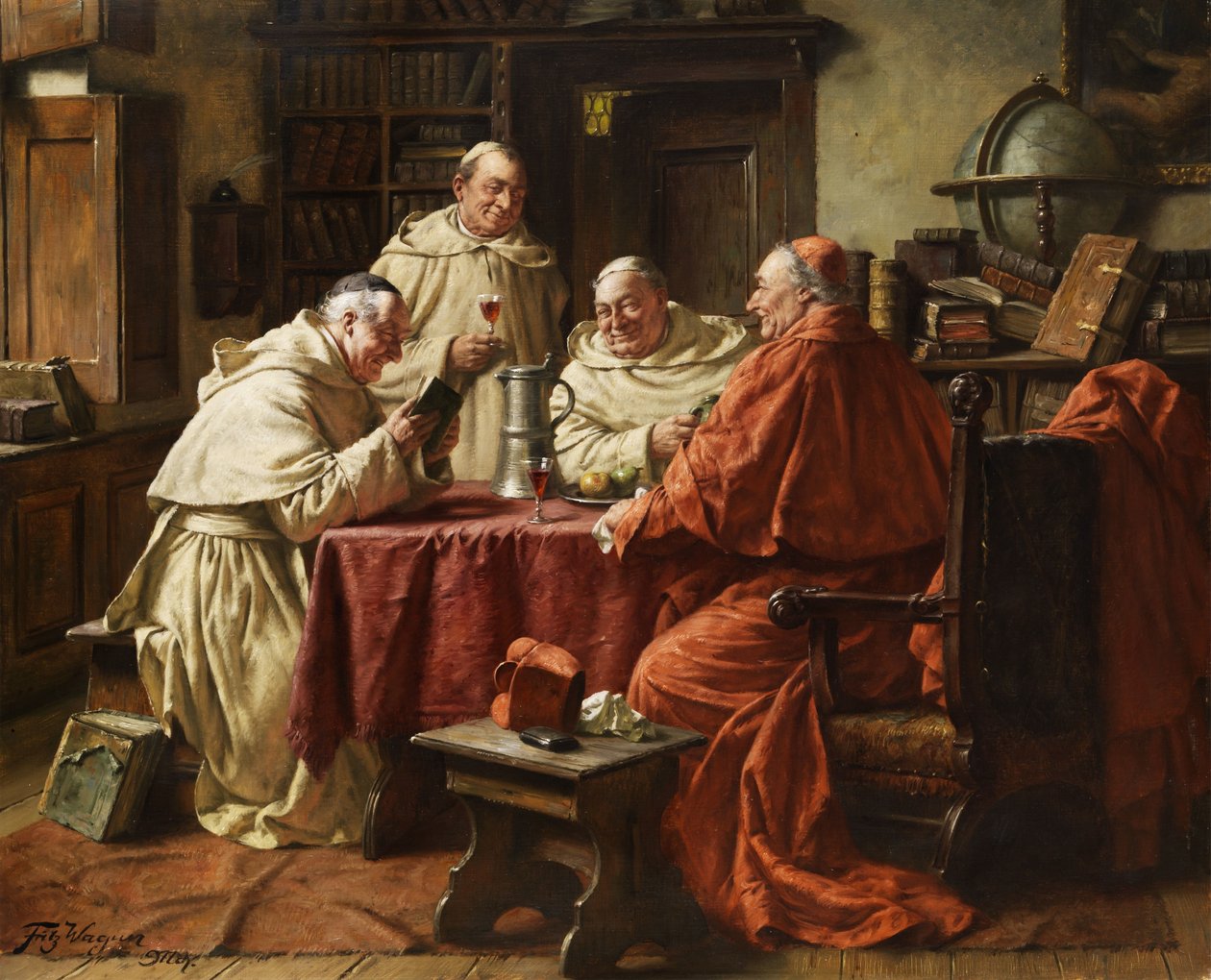 Kardinal mit Mönchen in einer Klosterbibliothek von Fritz Wagner