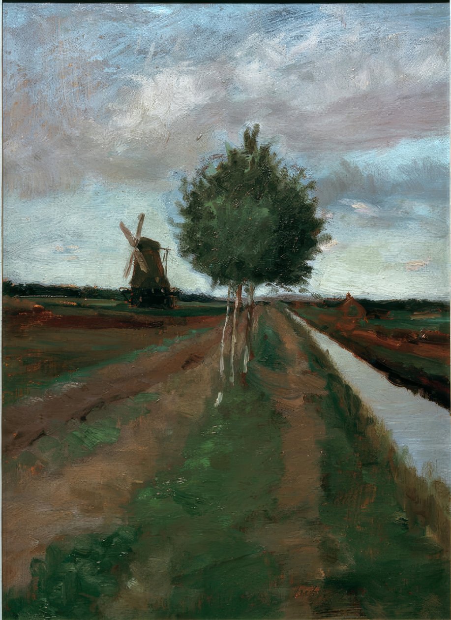 Mühle und Straße mit Birken von Fritz Mackensen