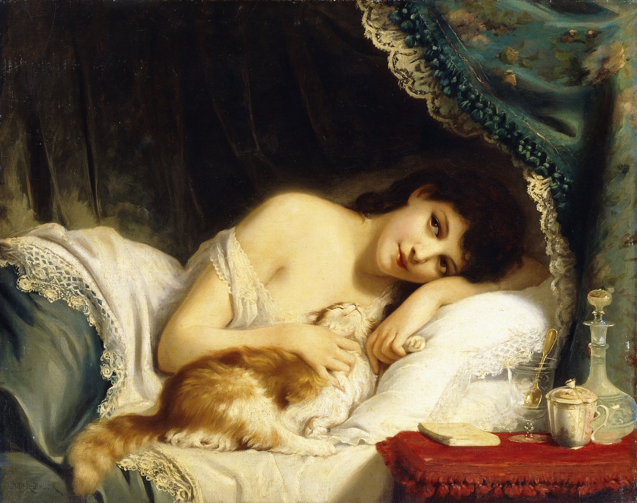 Eine liegende Schönheit mit ihrer Katze von Fritz Zuber Buhler