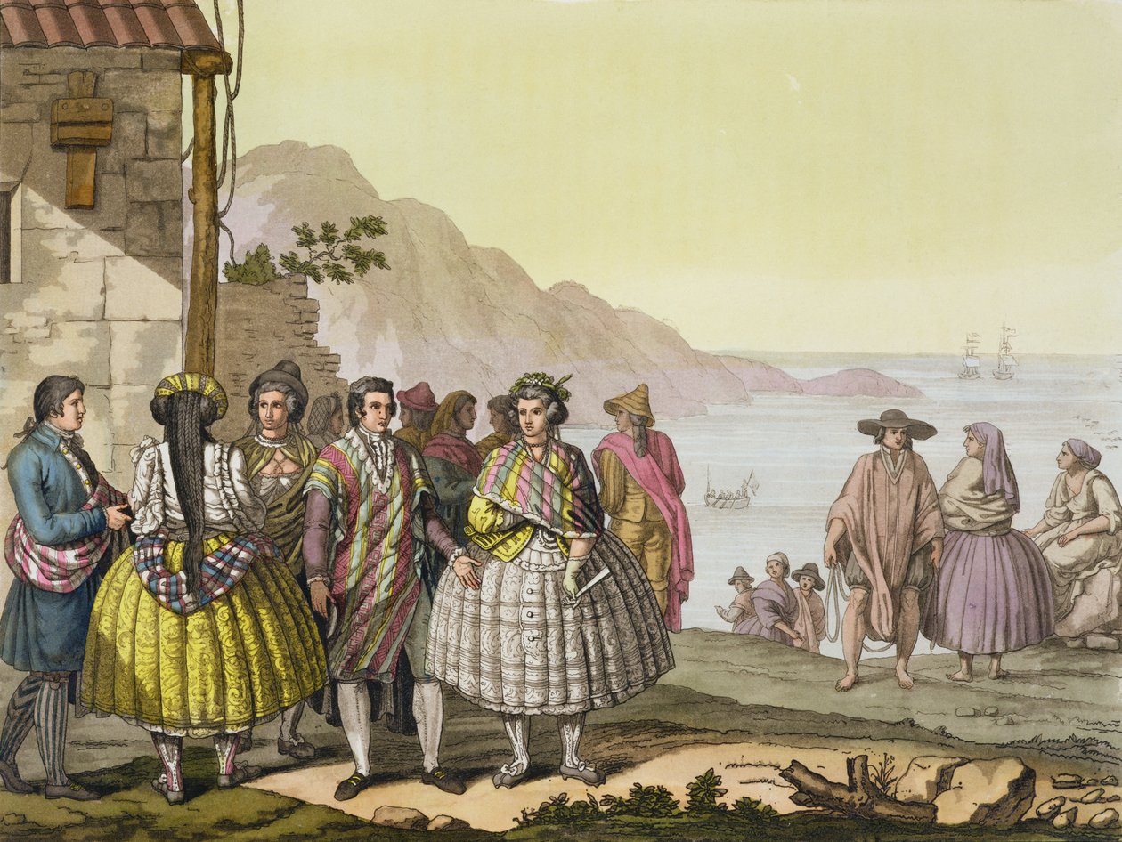 Männer und Frauen in aufwendigen Kostümen, Chile, aus 