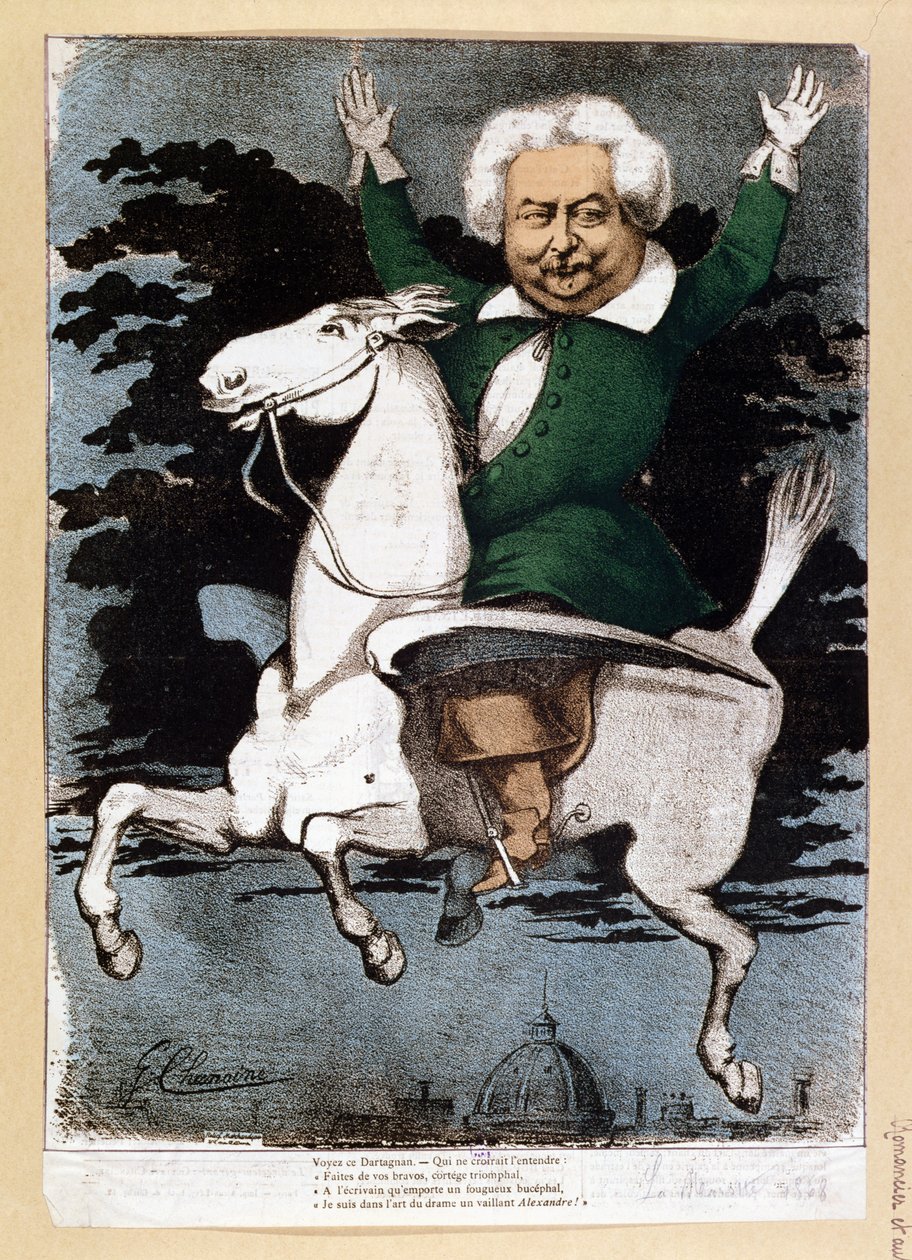 Karikatur von Alexandre Dumas père (1803-70) als Musketier, Illustration aus La Marotte, 1868 von G. Chanoine