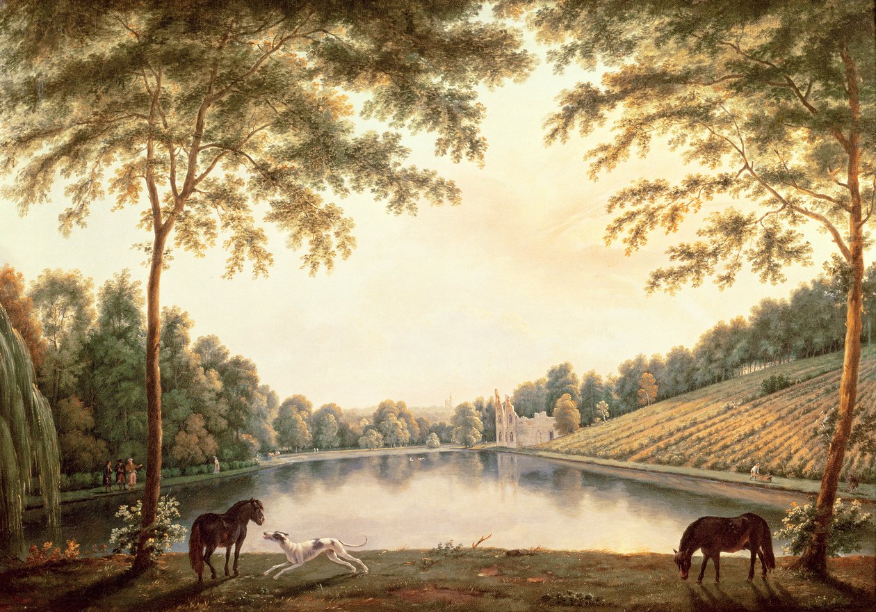 Ein Blick auf den See und die Ruinen der Abtei in Painshill, Surrey von G. and Gilpin, S. Barrett