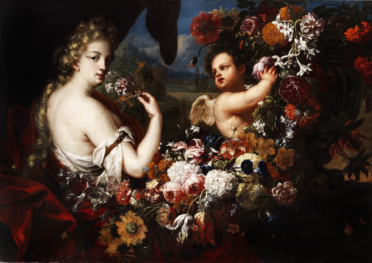 Venus und Amor in Blütengirlanden von Gaspar Pieter II Verbruggen