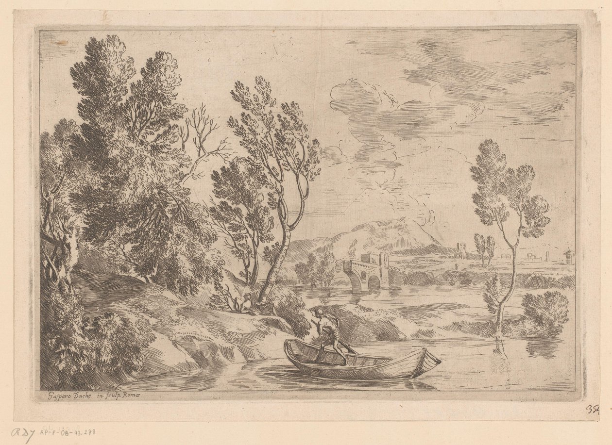 Flusslandschaft mit Mann im Boot von Gaspard Dughet