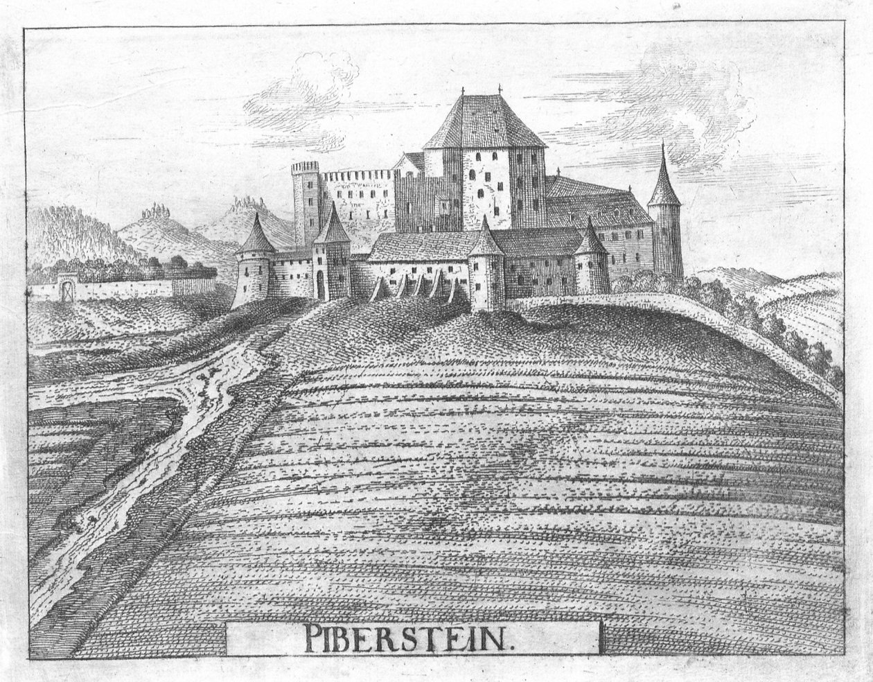 Kupferstich, Ansicht von Schloss Piberstein, Oberösterreich von Georg Matthaus Vischer