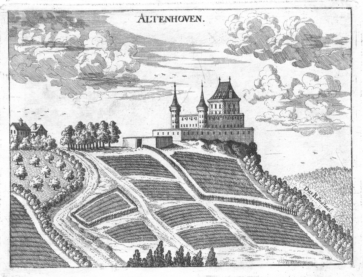 Radierung, Ansicht des Schlosses Altenhof, Oberösterreich von Georg Matthaus Vischer