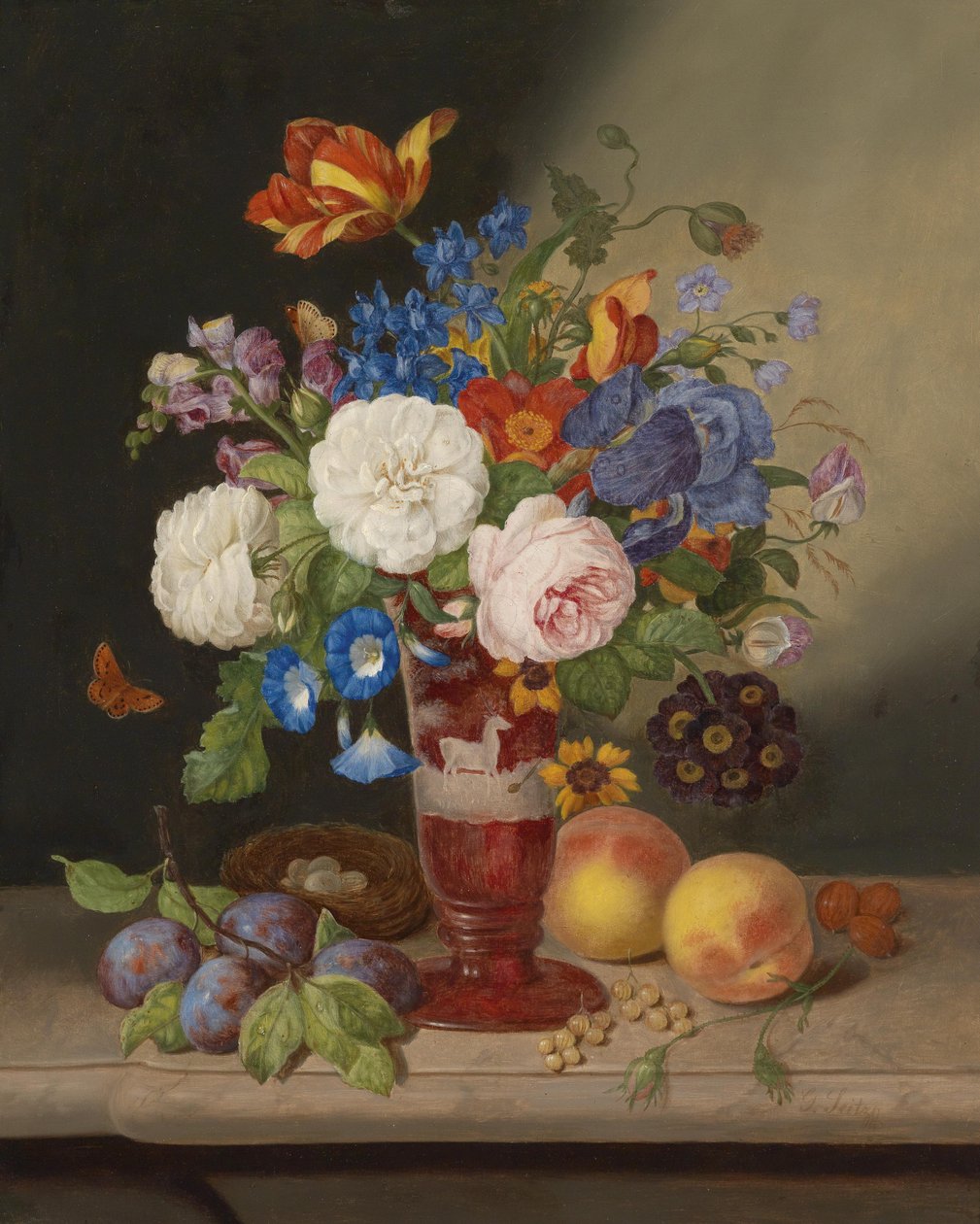 Blumenstrauß in einer Vase, umgeben von Früchten von Georg Seitz