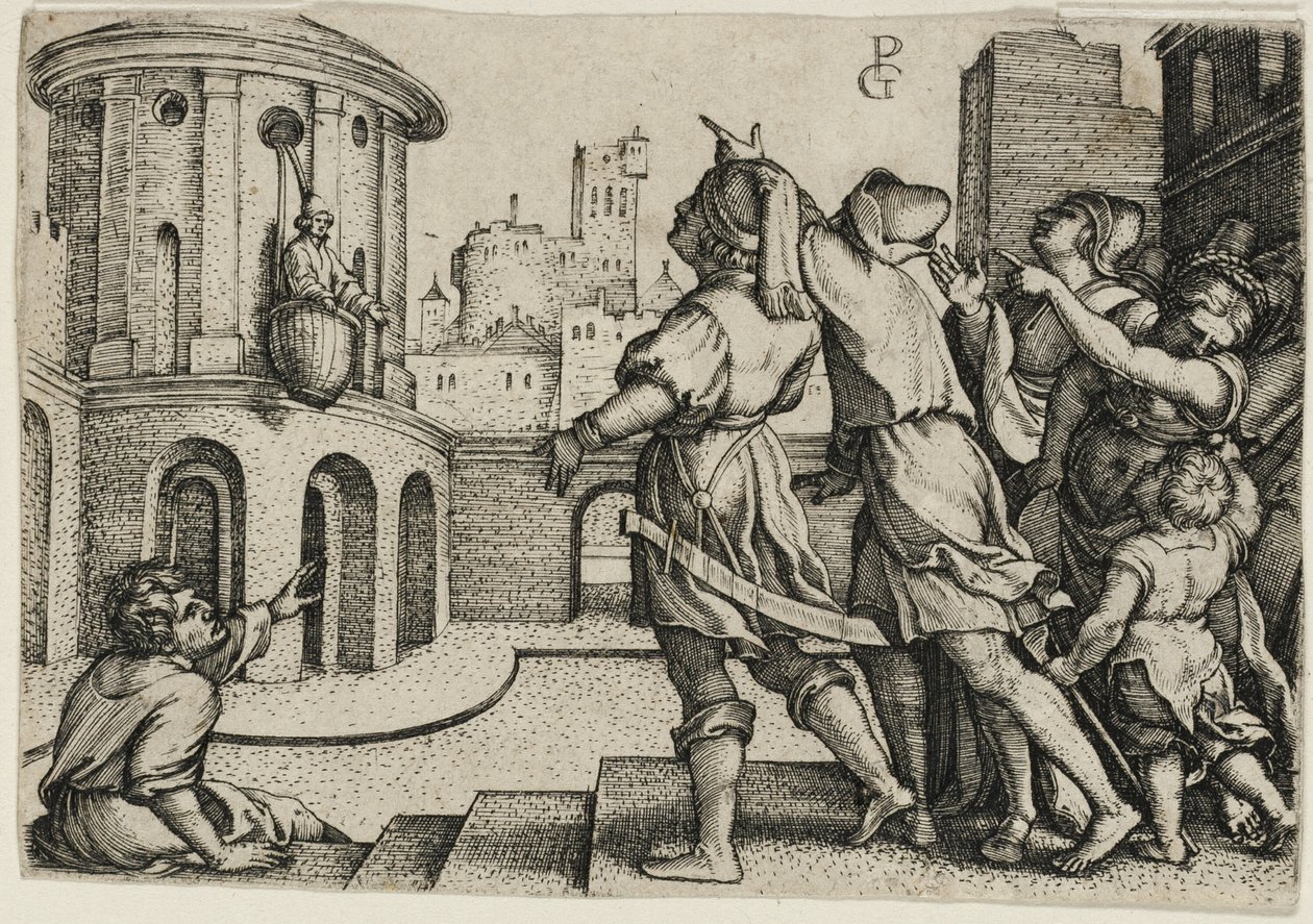 Virgil in einem Korb aufgehängt, Kopie von Georg Pencz