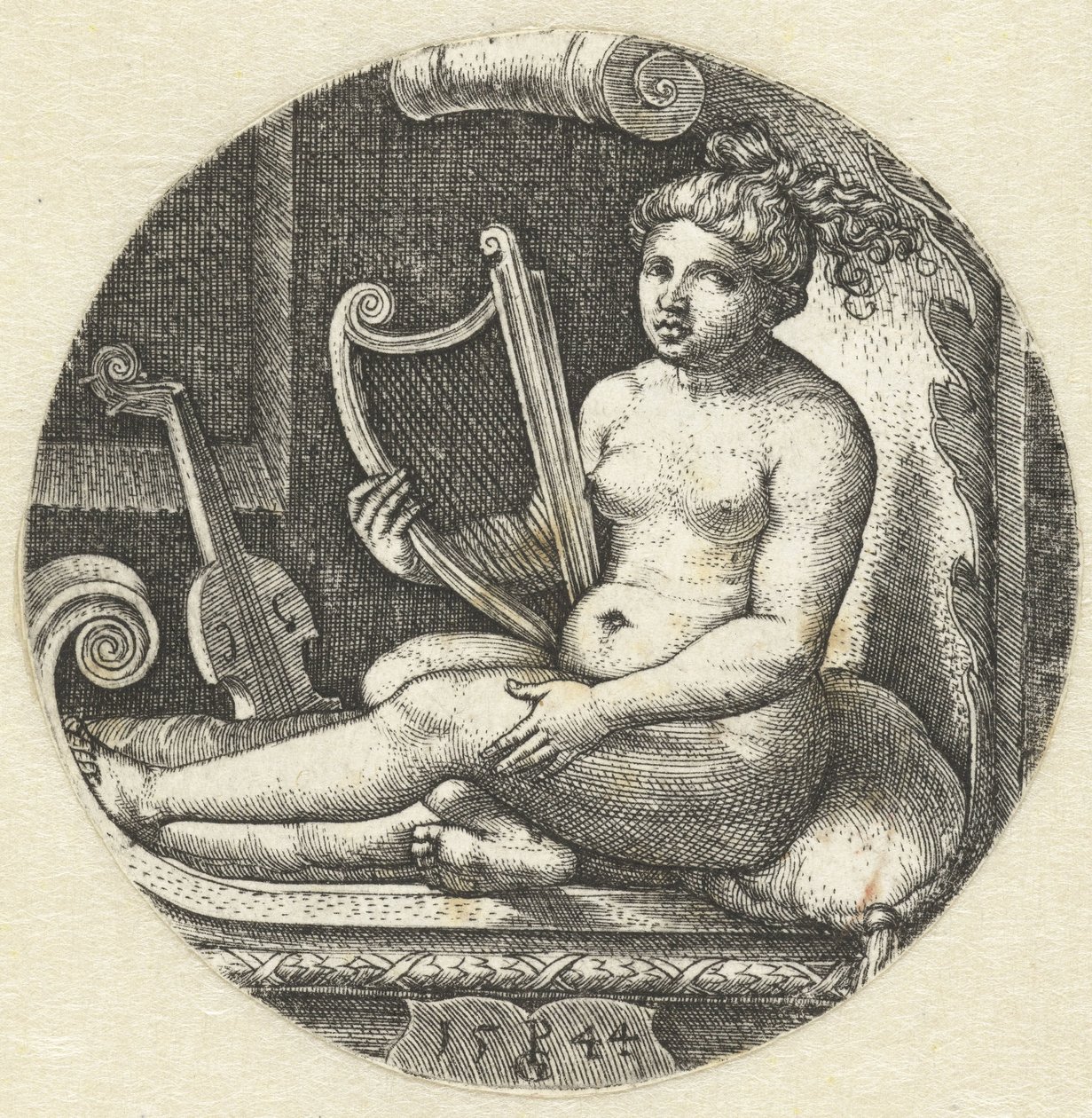 Sitzende nackte Frau mit einer Harfe von Georg Pencz