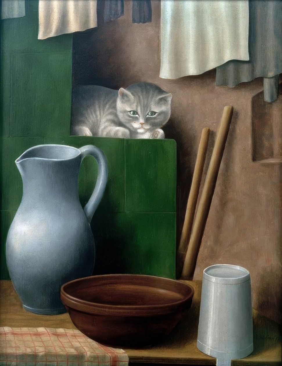 Stilleben mit Katze (Ofenecke) von Georg Schrimpf