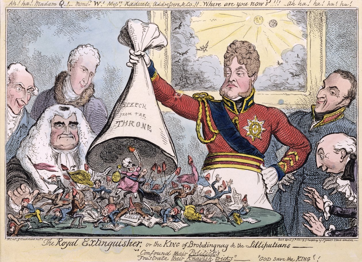 Der königliche Feuerlöscher oder der König von Brobdingnag und die Lilliputaner, 1821 von Isaac, Robert and George Cruikshank
