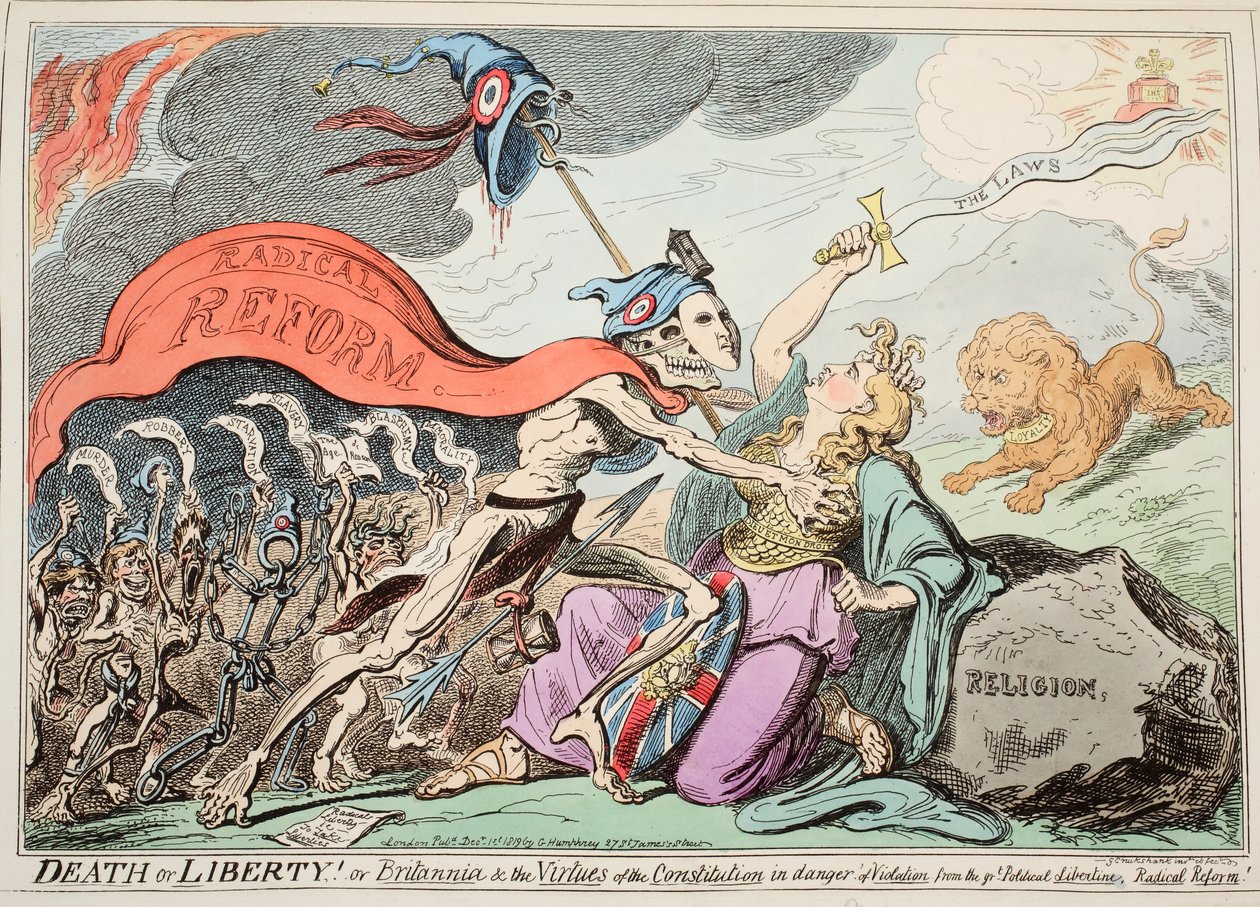 Tod oder Freiheit! Oder Britannia und die Tugenden der Verfassung in Gefahr der Verletzung durch den großen politischen Libertin, radikale Reform!, veröffentlicht 1819 von George Cruikshank