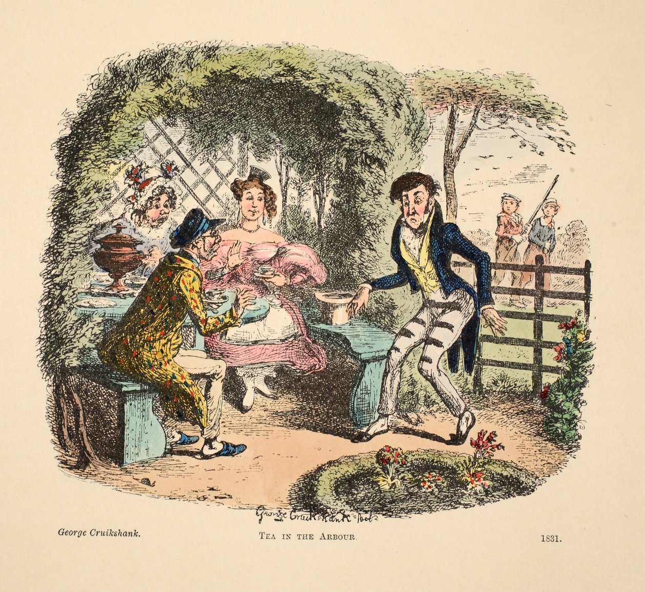 Tee im Laubengang, veröffentlicht 1831 von George Cruikshank