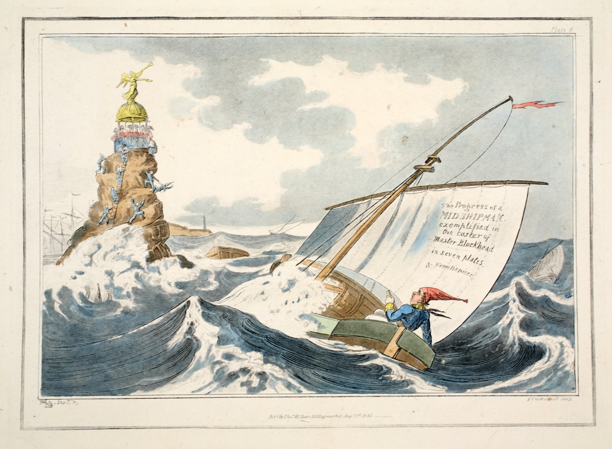 Der Fortschritt eines Seekadetten, dargestellt in der Karriere von Master Blockhead in sieben Tafeln und Frontispiz, 1835 von George Cruikshank
