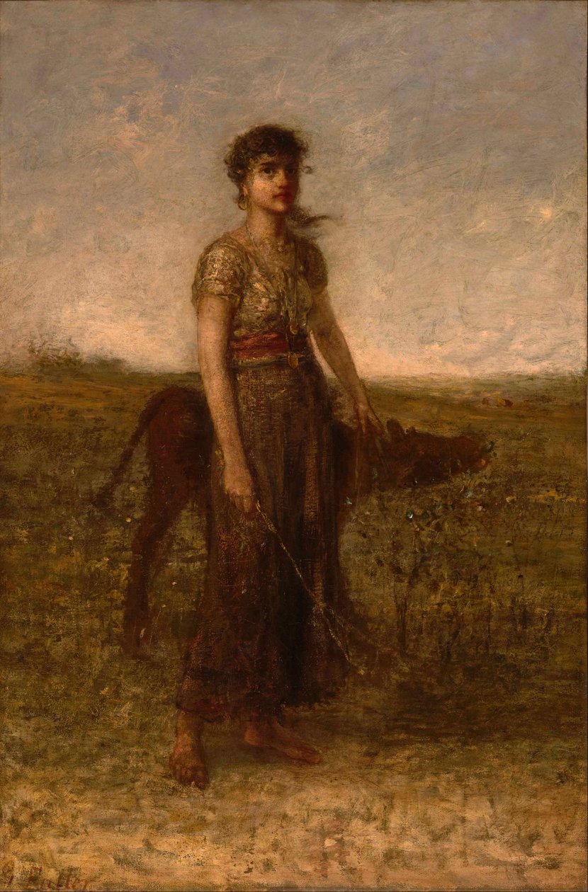 Mädchen und Kalb (Durch Wiesen geführt) von George Fuller