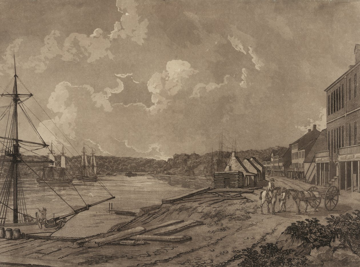 Ansicht der Vororte der Stadt Washington (Georgetown Waterfront) (Aquatinta) von George Isham Parkyns